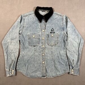 Looney Tunes Tweety Bird Denim‎ Shirt Womens Size Large Blue Black Collar 90s